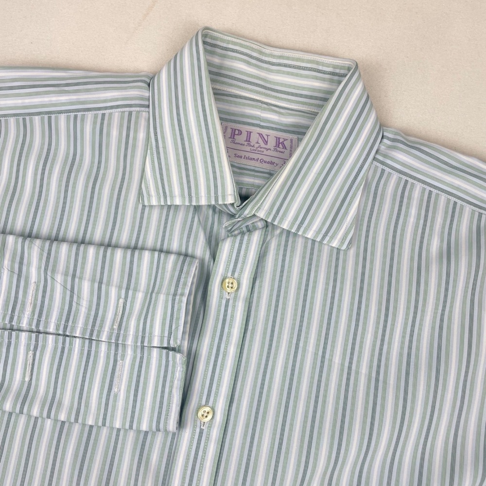 Thomas Pink Sea Island Cotton Striped Dress Shirt 16 34 Green White French Cuff